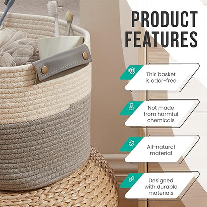 3 Pack Cotton Rope Storage Basket Woven Shelf Storage Bin with Faux Leather Handles, Decorative Closet Shelf Woven Basket for Storage Organizers, 15 x 10 x 9, White/Gray