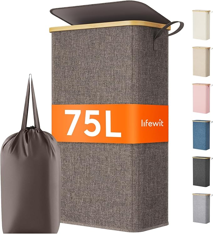 Lifewit 75L Slim Laundry Hamper with Lid, Narrow Laundry Basket with Removable Bag & Bamboo Handles, Fodable Thin Dirty Clothes Hamper for Laundry Collapsible Bin for Bathroom Bedroom Dorm, Brown