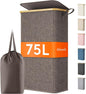 Lifewit 75L Slim Laundry Hamper with Lid, Narrow Laundry Basket with Removable Bag & Bamboo Handles, Fodable Thin Dirty Clothes Hamper for Laundry Collapsible Bin for Bathroom Bedroom Dorm, Brown