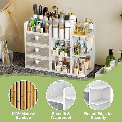 Large Makeup Organizer Countertop With Brush Holder Drawer For Vanity,Bamboo Bathroom Counter Organizers And Storage,Cosmetic Skincare Perfume Organizer,Easy To Store Nail Polish, Lipstick, Eyeshadow