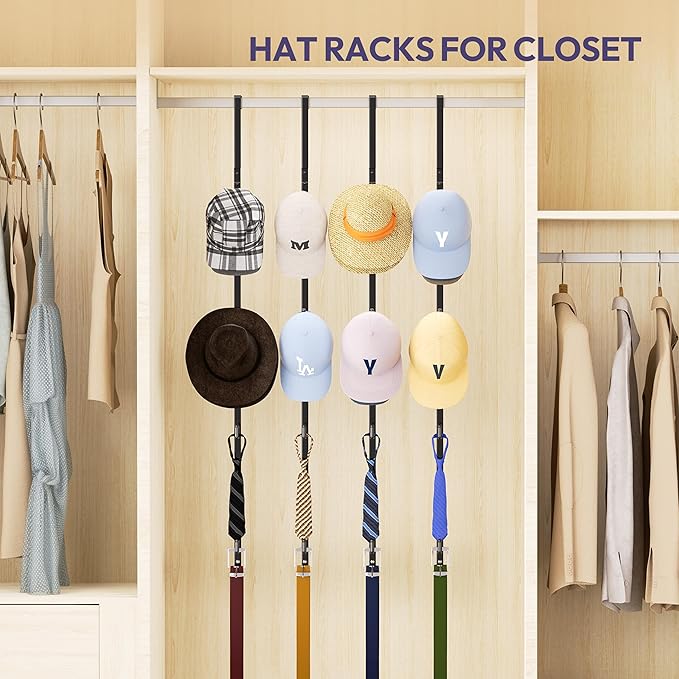 SWTYMIKI Over Door Hat Rack - 4 Packs Metal Hanging Hat Organizer with 16 Hooks Design, Baseball Cap Hanger Organizer Storage Holds up to 80 Caps for Door, Bedroom, Closet