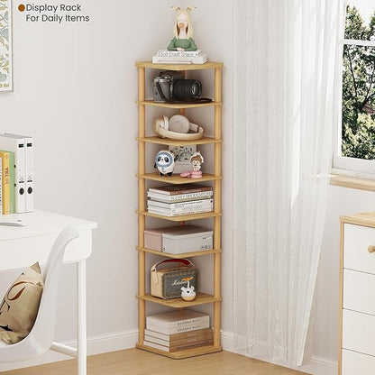 LUCKNOCK Vertical Shoe Rack, 8-Tier Tall Narrow Shoe Organizer for Entryway, Closet, Dorm & Small Spaces, Freestanding Wooden Shoe Shelf Tower for Boots, Sneakers, Heels. (Natural)