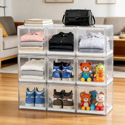 2 Pack Clear Hat Organizer Box, Stackable Cap Storage Display Case with Magnetic Door & Sliding Drawer Tray, Dustproof Hat Container Holds 10 Hats per Box (Clear, 2 Pack)