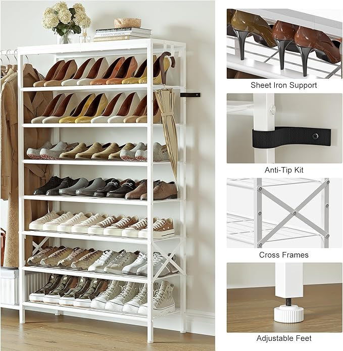 Shoe Rack with Coat Rack, 8 Tier Tall Shoe Storage Organizer with Hooks, 3-in-1, Wooden Top Shelf, Sturdy Frame, Metal Clothes Hanger Stand for Entryway, Closet, White
