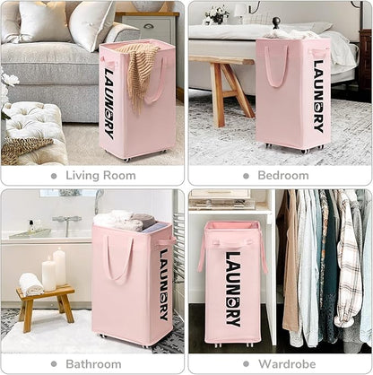 CHICVITA Slim Laundry Hamper with Wheels 75L, Collapsible Rolling Laundry Basket for Living Room, Pink Laundry Hamper for College Dorm