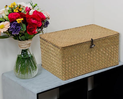 Wicker Basket with Lid, Natural Seagrass Storage Baskets for Organizing, Woven Basket for Storage, Decorative Boxes Bins with Lids Home Organizer Decor (Natural, 14.3" x 9.4" x 6.9")