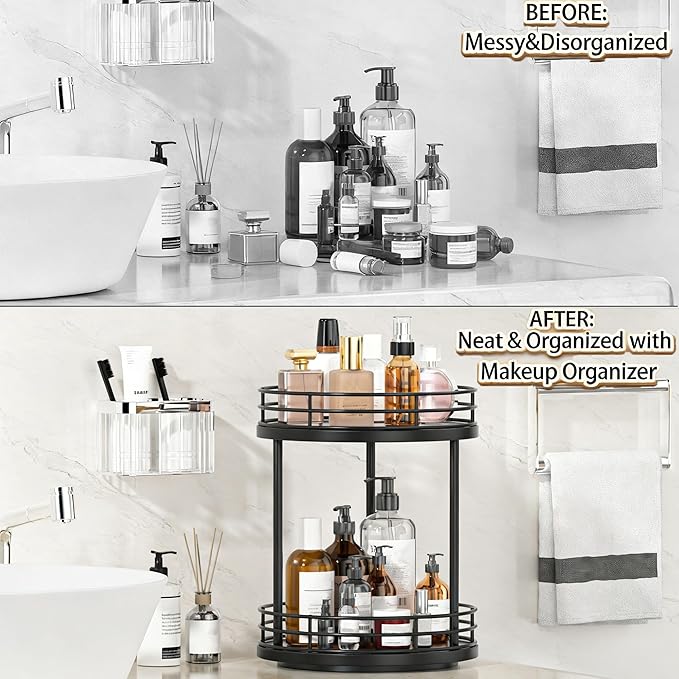 2-Tier Rotating Bathroom Countertop Organizer, Wooden Makeup Vanity Storage, Multifunctional Lazy Susan Turntable for Skincare, Perfume and Cosmetics (Black)