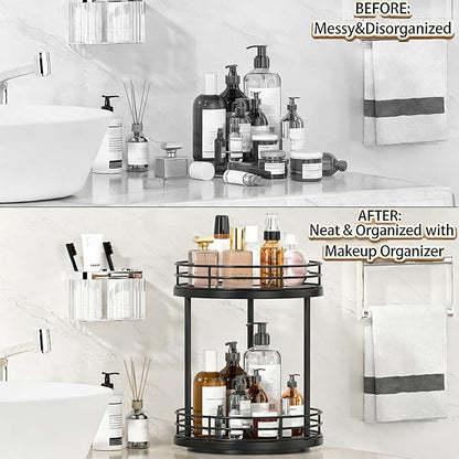 2-Tier Rotating Bathroom Countertop Organizer, Wooden Makeup Vanity Storage, Multifunctional Lazy Susan Turntable for Skincare, Perfume and Cosmetics (Black)