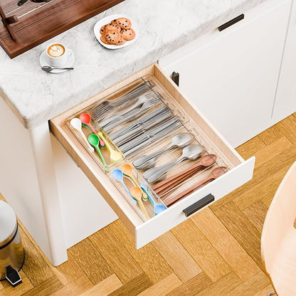 Yieach Clear Silverware Organizer with Lid - 9 inch Wide - Small Silverware Drawer Organizer & Tray and Utensil Drawer Organizers with Lid,BPA Free Plastic Flatware Drawers Organizers for Fork,Spoon