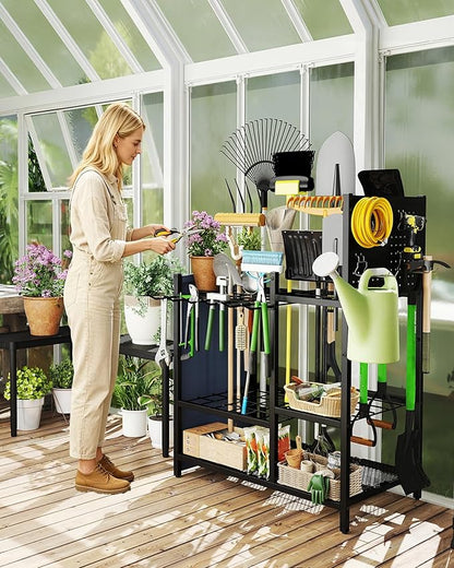 Garden Tool Organizer with Pegboard, Yard Tool Holder Standing for Garage Organization, Up to 30 Long-Handled/10 D-Handled Tools/Rake/Broom/Shovel/, with Side Storage Pocket