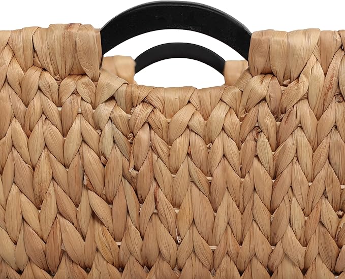 happimess BSK2020A-3SET Astor Bohemian Farmhouse Handwoven Water Hyacinth Nesting Storage Baskets with Wood Handles, Seagrass Containers for Decoration in Living Room, Bedroom, Natural (Set of 3)