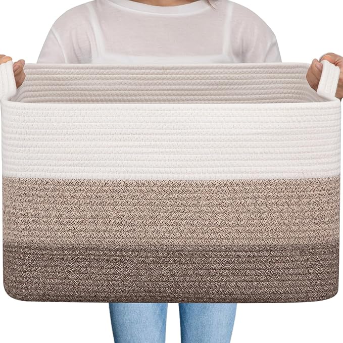 OIAHOMY Large Blanket Basket, 65L Cotton Rope Woven Laundry Basket, Toy Bin for Baby Room, Container for Blanket Storage in Living Room, 20''×16''×12'', Gradient Brown