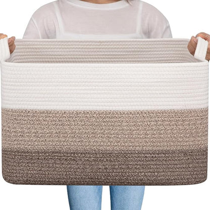 OIAHOMY Large Blanket Basket, 65L Cotton Rope Woven Laundry Basket, Toy Bin for Baby Room, Container for Blanket Storage in Living Room, 20''×16''×12'', Gradient Brown
