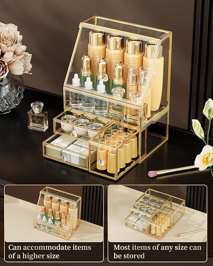 CoralHouse Glass Makeup Organizer for Vanity, Clear Cosmetic Organizer with Drawer, Elegant Skincare Holder for Bathroom Countertop and Dresser