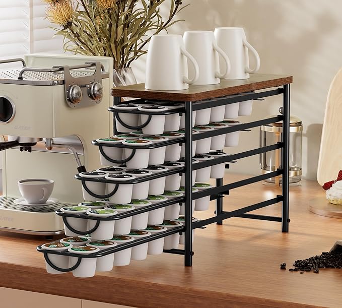 HFHOME Coffee Pod Holder with Wooden Top, Compatible with K-Cups, 5-Tier Coffee Capsule Storage Drawer, 70 Capacity Pods Organizer with 3 Mug Holders, for Home, Office, Kitchen Counter, Black