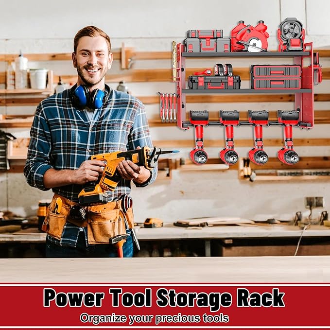 Modular Power Tool Organizer Wall Mount, Garage Drill Storage Shelf with Hooks, Heavy Duty Metal Premium Garage Tool Shelf, Gift for Man Cordless Tool Storage Rack (Red)