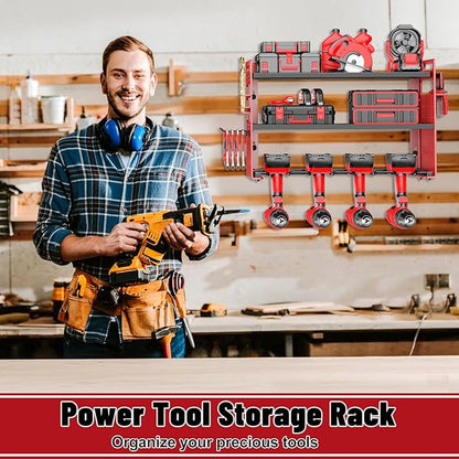 Modular Power Tool Organizer Wall Mount, Garage Drill Storage Shelf with Hooks, Heavy Duty Metal Premium Garage Tool Shelf, Gift for Man Cordless Tool Storage Rack (Red)