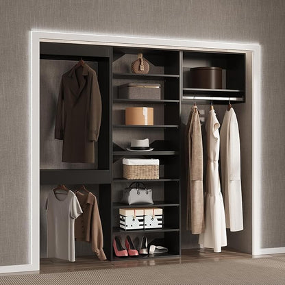 Modular Closet Organizer, 102" Wide with Towers and Hanging, Wooden Tower Storage for Walk-In Closets, Wall-Mounted Wardrobe Organizer Kit System, Black