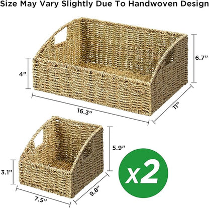 Rattan Storage Baskets, Handwoven Wicker Storage Bins with Built-in Handles, Storage Container Baskets for Shelves, Bedroom, Bathroom, Laundry Room or Kitchen(Green)