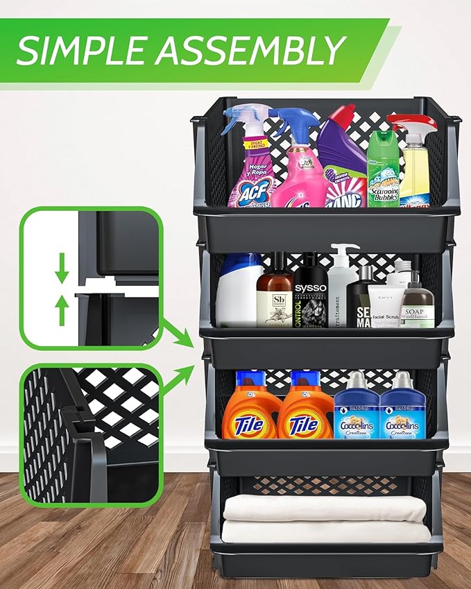 TidyFriend 4 Pk Large Stackable Storage Bins Open Front for Pantry Organizers and Storage, Pantry Storage for Food, Kitchen and Home Organization, Plastic Storage Bins, Dorm Room Essentials (Black)