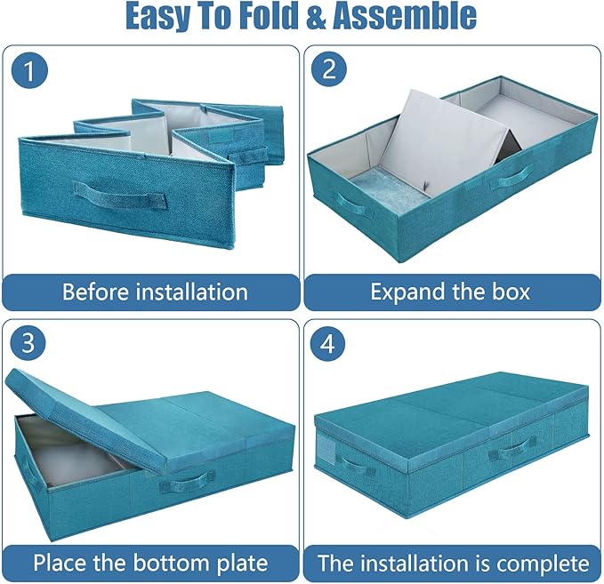 Supowin Underbed Storage Containers Bin with Lids (2pcs) Large Under Bed Storage Organizer Box with Handle, Foldable Under the Storage Bags for Organizing Clothes, Shoes, Blankets, Pillows-Cyan blue
