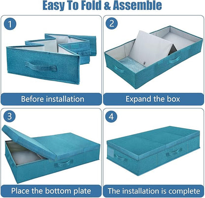 Supowin Underbed Storage Containers Bin with Lids (2pcs) Large Under Bed Storage Organizer Box with Handle, Foldable Under the Storage Bags for Organizing Clothes, Shoes, Blankets, Pillows-Cyan blue