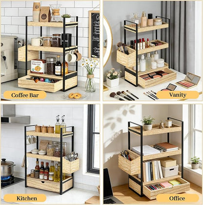 3-Tier Bathroom Counter Organizer with Drawer Basket and Hooks, Wood Bathroom Organizers and Storage for Countertop, Farmhouse Brown Countertop Organizer, Counter Shelf for Vanity, Kitchen,Office