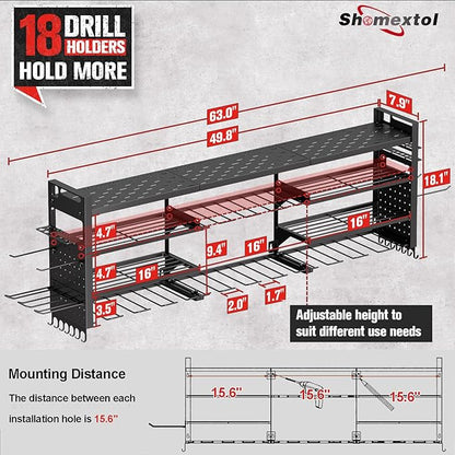 49.8" W Super Large Power Tool Organizer Wall Mount,4-Layer Heavy Duty Tool Storage with 18 Cordless Drill Holder,600 lb Capacity Garage Organization for Garage and Workshop (Black)
