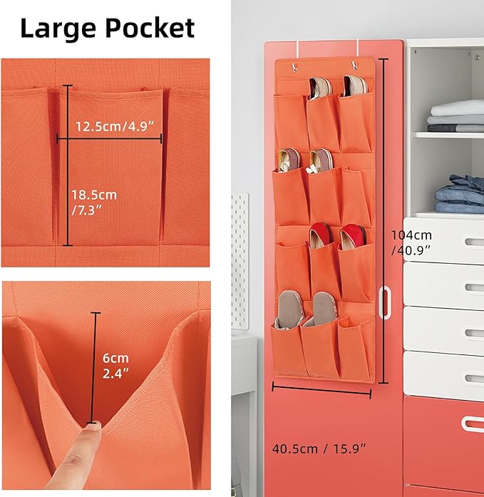Over the Door Shoe Organizer, Hanging Shoe Rack Storage Holder with 12 Large Pockets for Closet Door, Men Women Kids Shoes, Cruise(Orange