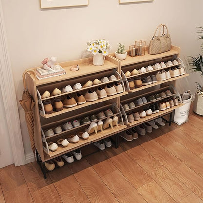 AVZEAR Narrow Shoe Storage Cabinet for Entryway with 2 Flip Drawers, Freestanding Shoe Cabinet with Natural Linen Panel, Slim Wood Shoe Organizer Closed Shoe Rack for Hallway, Foyer, Natural