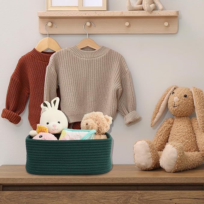 XUANGUO Small Woven Storage Baskets 12“X8”X5“ Decorative Rope Bins for Organizing Shelves, Closets, and Toys, Empty Gift Baskets, Cute Organizer Basket for Home and Office (dark green, regular)