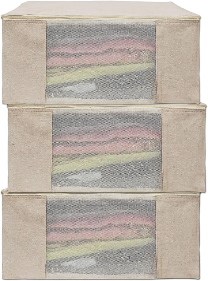 Cotton Canvas Clothes Storage Bags, Saree Covers with Zip for Storage Specially Design for Woman Dresses, Sarees, Lehengas for Wardrobe Organizer (17 x 14 x 7 Inch, off white, Pack 0f 3)