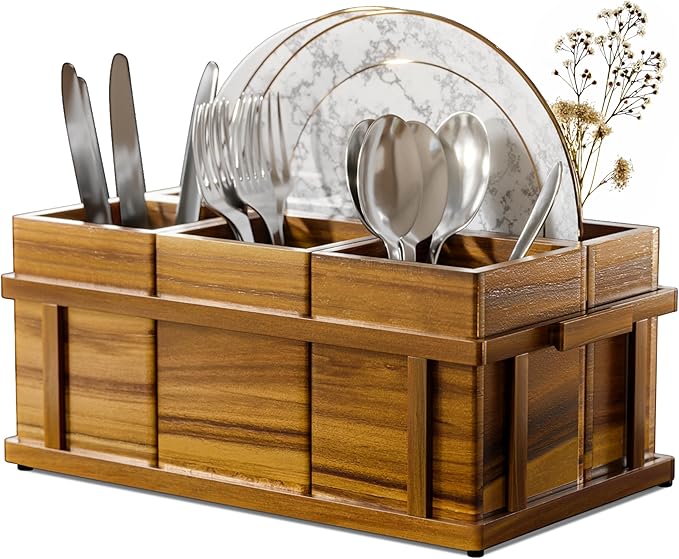 Acacia Silverware Caddy for Parties, Utensil Caddy with Paper Plate Dispenser, 4-Compartment Cutlery Flatware Organizer for Spoons, Forks, Napkins - Natural Wood Finish