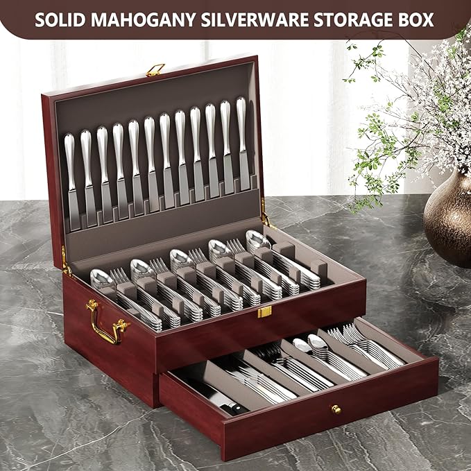 Mahogany Wood Silverware Storage Box,2-Layer Silverware Chest Case with Lid Drawer Handle Silverware Case with Felt Lined,Flatware Storage Box Holds 12-16 Sets of Utensils,Wedding Housewarming Gifts