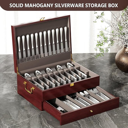 Mahogany Wood Silverware Storage Box,2-Layer Silverware Chest Case with Lid Drawer Handle Silverware Case with Felt Lined,Flatware Storage Box Holds 12-16 Sets of Utensils,Wedding Housewarming Gifts