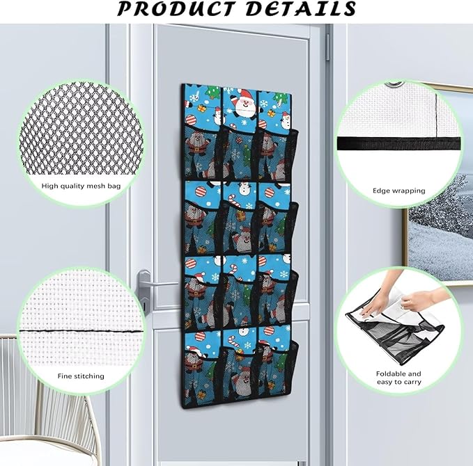 Candy Santa Claus Behind Door Organizer for Dorm Room Essentials Merry Christmas Over The Door Organizer Multi-Funtion Storage Bag Wall Hanging Storage,4 Metal Hook with 12 Pockets
