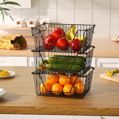 Slideep 14'' Black Stackable Storage Baskets Sturdy Metal Wire Freezer Bins Cabinet Organizer for Pantry Home Kitchen Organization- Set of 6