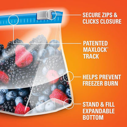 Hefty Slider Quart Freezer Bags, 74 Count, Quart Slider Bags for Freezer, Holds Individual Leftovers, Sliced Fruits and Veggies, and More, Writable Label, Secure Zip and Click Closure