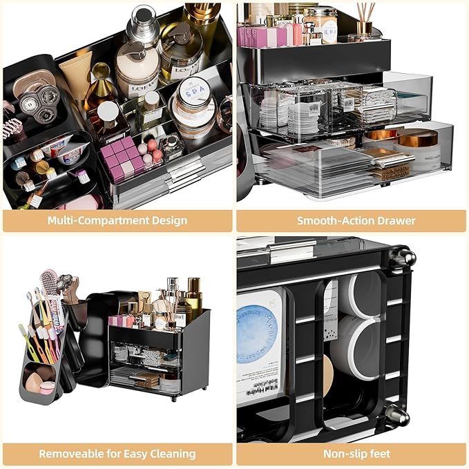 Makeup Organizer with Drawers for Vanity Bathroom Counter Organizers and Storage, Large Skincare Organizer with Brush Toothbrush Holder for Perfume, Nail Polish, Dresser, Office Supplies, Black