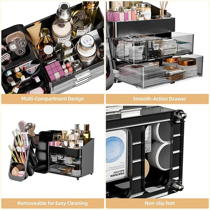Makeup Organizer with Drawers for Vanity Bathroom Counter Organizers and Storage, Large Skincare Organizer with Brush Toothbrush Holder for Perfume, Nail Polish, Dresser, Office Supplies, Black