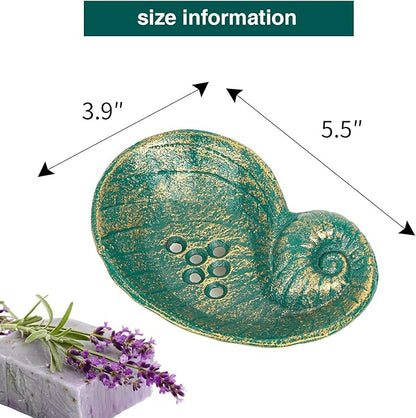 Sungmor Heavy Duty Cast Iron Soap Holder, Vintage Bar Soap Dish for Kitchen Bathroom Sink, Lovely Seashell Shape & Antique Green Sponge Dish Soap Tray, Decorative Jewelry Holder Tabletop Container