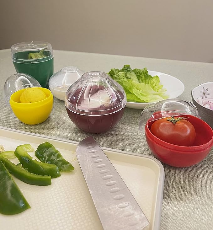 5PCS Fruit and Vegetable Shaped Savers Storage Onion Tomato Lemon Green Pepper and Garlic Containers for Fridge Vegetable Crisper Makes Food Stays Fresh Longer
