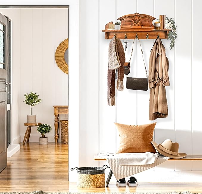 Coat Hanger Wall Mount with Shelf - Gorgeous 24" Farmhouse Coat Rack Wall Mount with Shelf with Hooks for Entryway - Wall Mounted Coat Rack for Wall Hanging Coats, Jackets, Purses, Keys (Brown)