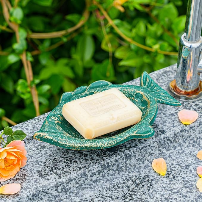Sungmor Heavy Duty Cast Iron Soap Holder, Vintage Bar Soap Dish for Kitchen Bathroom Sink, Lovely Fish Shape & Antique Green Sponge Dish Soap Tray, Decorative Jewelry Holder Tabletop Container