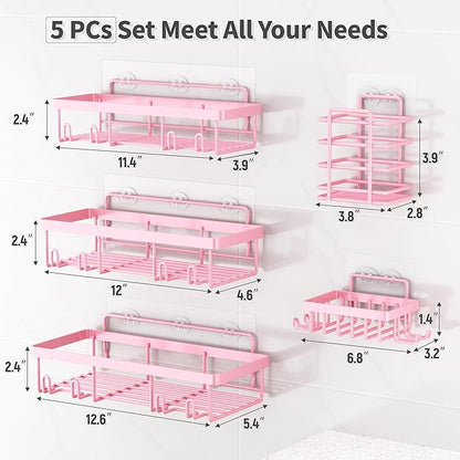 Liuoud 5 Pack Shower Caddy Organizer Rack Shelf for Inside Shower, Adhesive Bathroom Wall Storage Basket Rustproof Stainless Steel Shampoo Holder, Girly Bathroom Accessory Decor Set, Pink