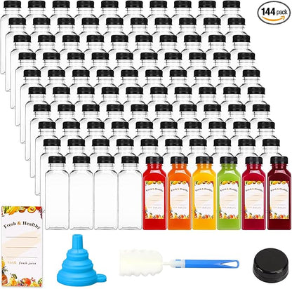 Moretoes 144pcs 12oz Plastic Juice Bottles with Lids, Reusable Clear Bulk Juice Containers for Juicing, Smoothies, Drinking and Other Beverages