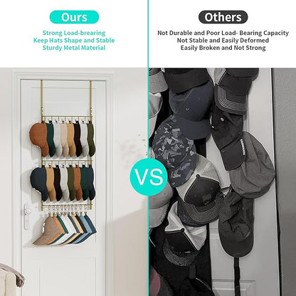 HapiRm Over Door Hat Rack - 3 Tier Wall Mounted Hat Organizer with 16 Hooks and 10 Movable Clips, Baseball Cap Organizer Storage Holds up to 26 Caps for Door, Bedroom, Closet USPTO Patent Pending