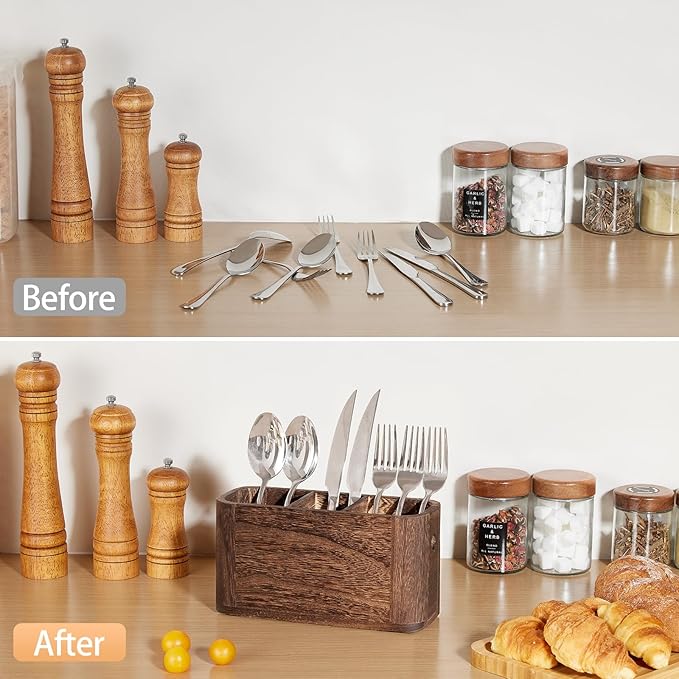 VIVIRBIEN Wooden Silverware Holder for Countertop, Kitchen Utensil Caddy with 3 Compartments, Cutlery Storage Organizer Countertop, Flatware Organizer for Party, Spoon, Fork Holder