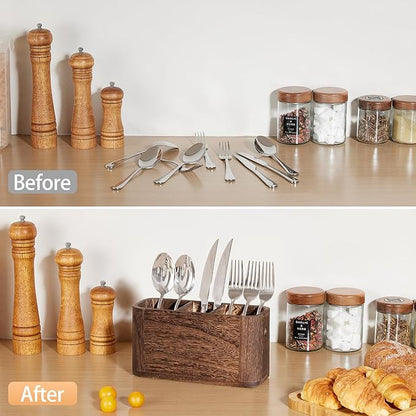 VIVIRBIEN Wooden Silverware Holder for Countertop, Kitchen Utensil Caddy with 3 Compartments, Cutlery Storage Organizer Countertop, Flatware Organizer for Party, Spoon, Fork Holder