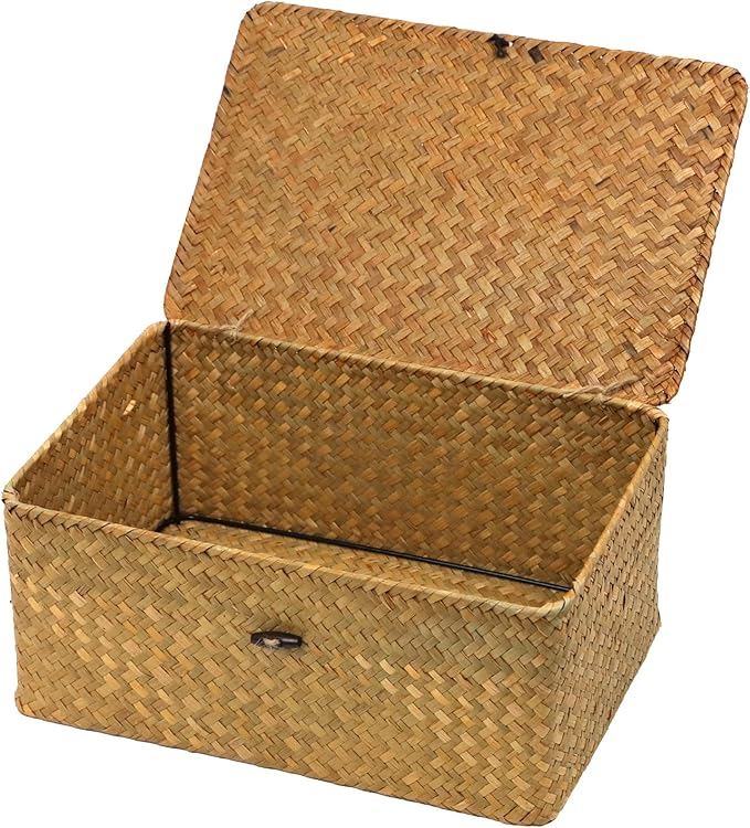 Wicker Storage Basket with Lid, Natural Seagrass Woven Shelf Basket for Storage, Rectangular Decorative Storage Bins Boxes Home Organizer Decor (Natural, Medium)